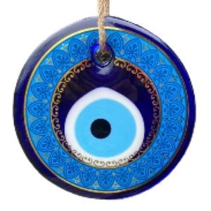 EVIL EYE Wall Hanging Charm Glass Patterned  Blue and Gold Large 4.5" Round